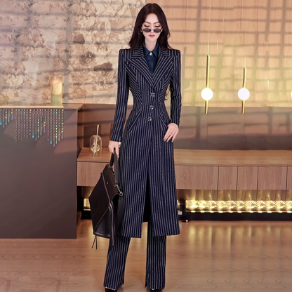VJE Striped Trench Coat Flared Pants Two-Piece Set-NICH.