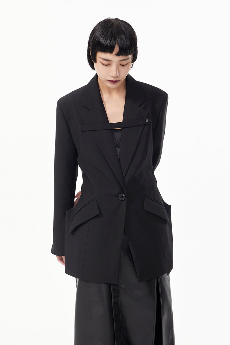 TINYIN  waist silhouette blazer women's one-button mid-length green black-CHI