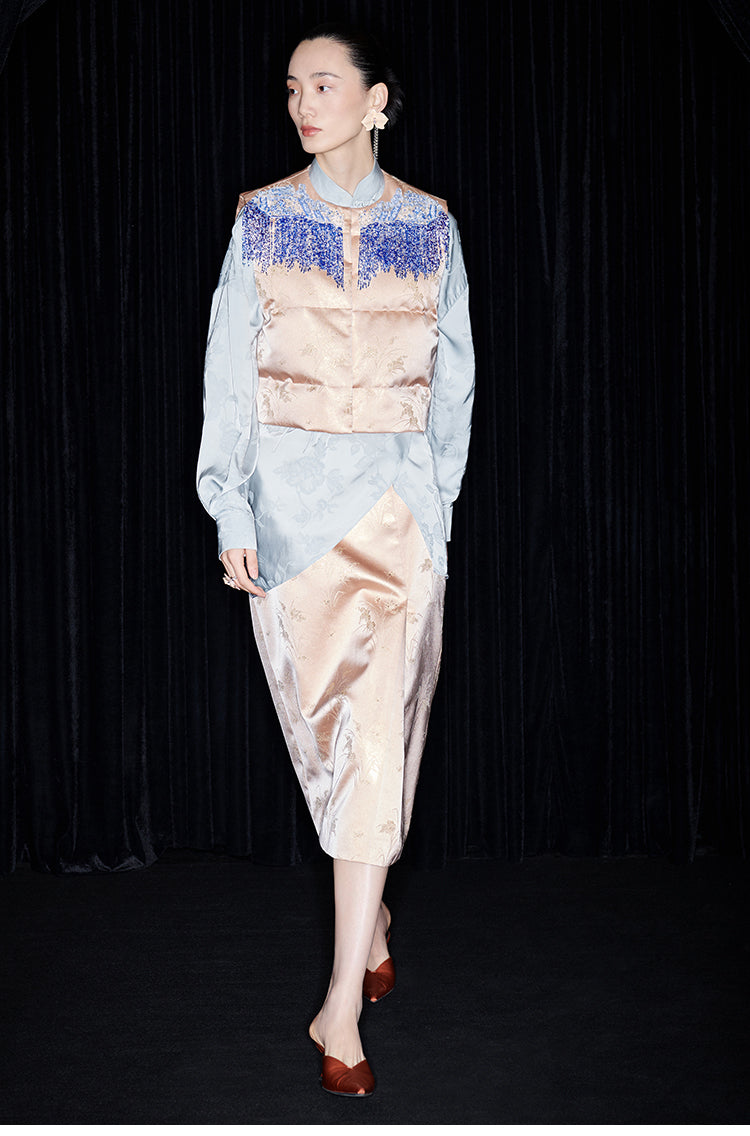 M essential Mackay designer seawater river cliff tassel beaded vest shirt skirt set- six.