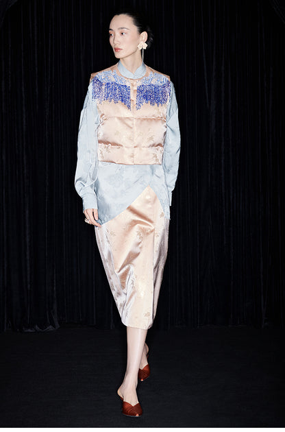 M essential Mackay designer seawater river cliff tassel beaded vest shirt skirt set- six.