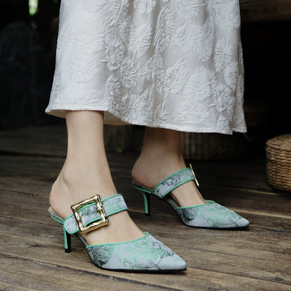 B-FEI Chinese mule kitten heel buckle sandals-DEXT.