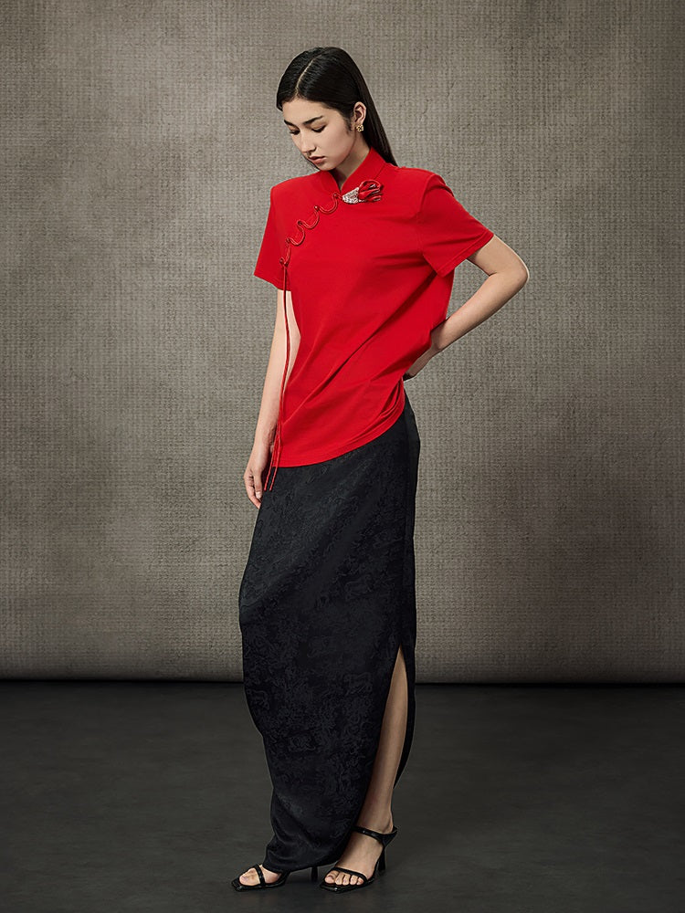 HECO Summer Handmade Orchid Winding Mandarin Neckline Short Sleeve Top - FLIGHT.