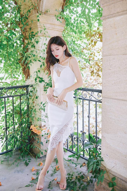 DOLLY White Sleeveless Off Shoulder Splice Lace Dress-DANICA