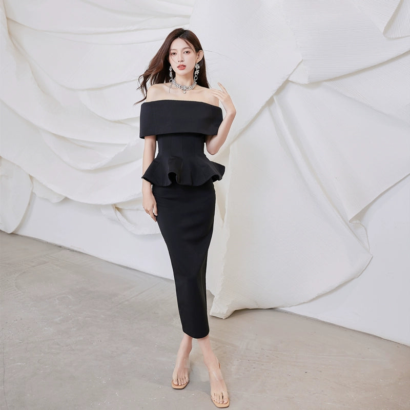 DOLLY High End Off Shoulder Peplum Tube Top Slim Fit Wedding Guest Dress-HANS