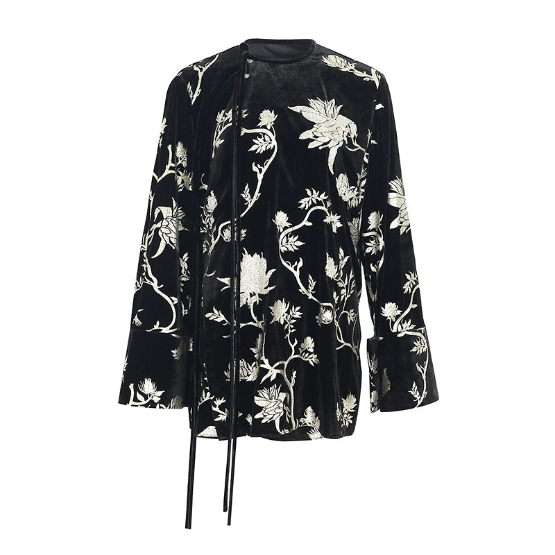 ZHUCHONGYUN black suede floral embroidery long sleeves shirt top-GILT.