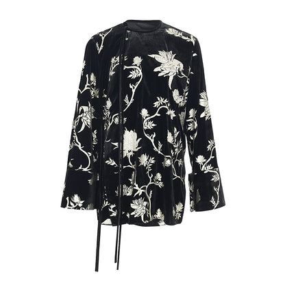 ZHUCHONGYUN black suede floral embroidery long sleeves shirt top-GILT.