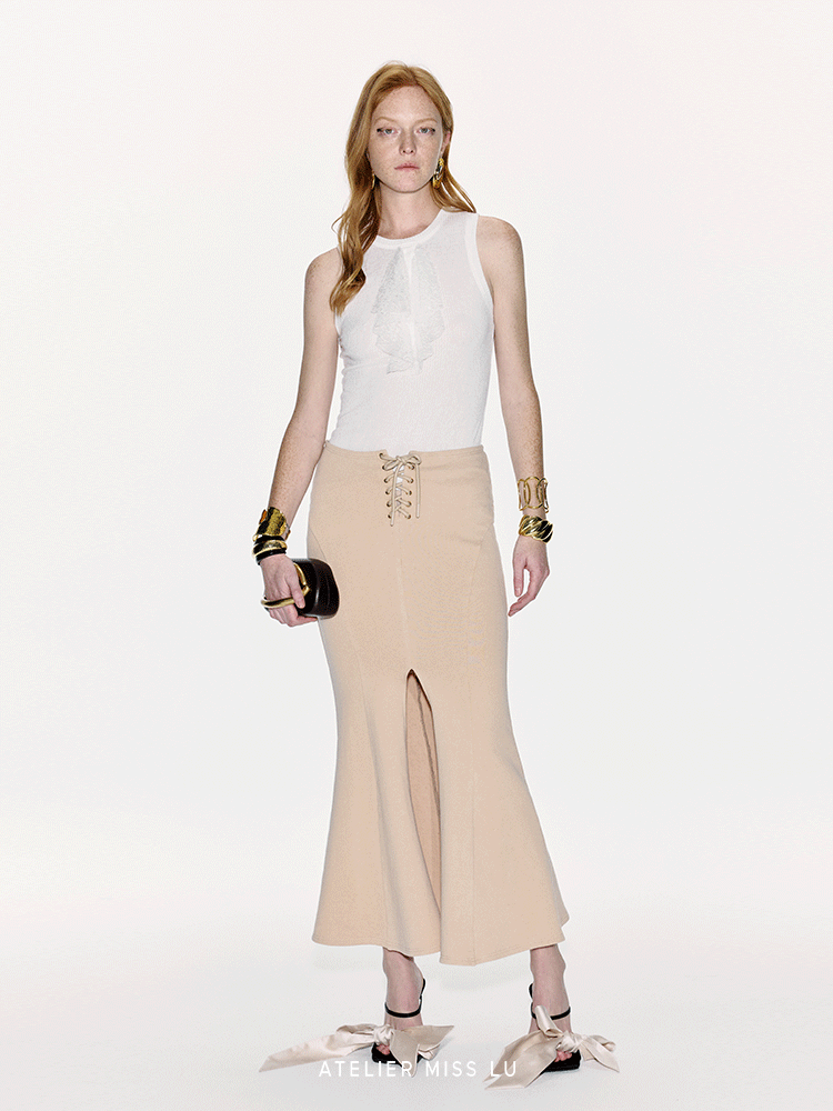 ATELIER MISS LU Crossover Tie Design Front Slit Fishtail Maxi Skirt - MARTIN.