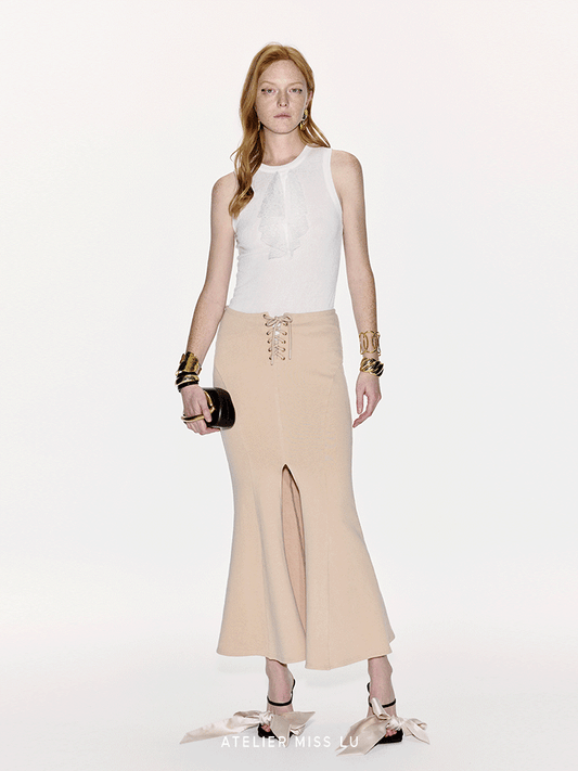 ATELIER MISS LU Crossover Tie Design Front Slit Fishtail Maxi Skirt - MARTIN.