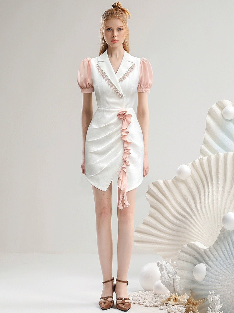 CHECOCRE Elegant V-neck Pressed Pleated Diamond Design Short White Dress - SEEKING