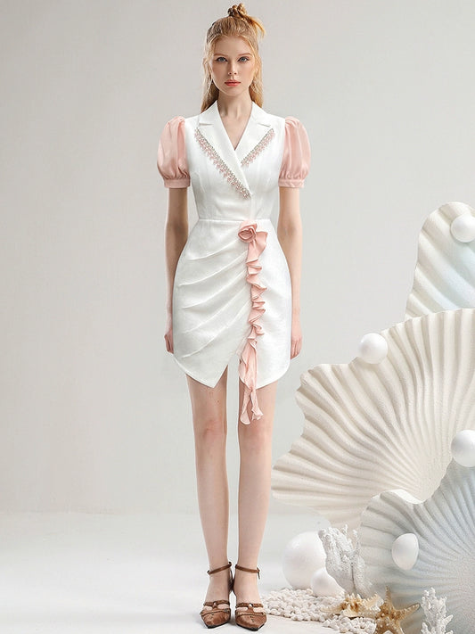 CHECOCRE Elegant V-neck Pressed Pleated Diamond Design Short White Dress - SEEKING