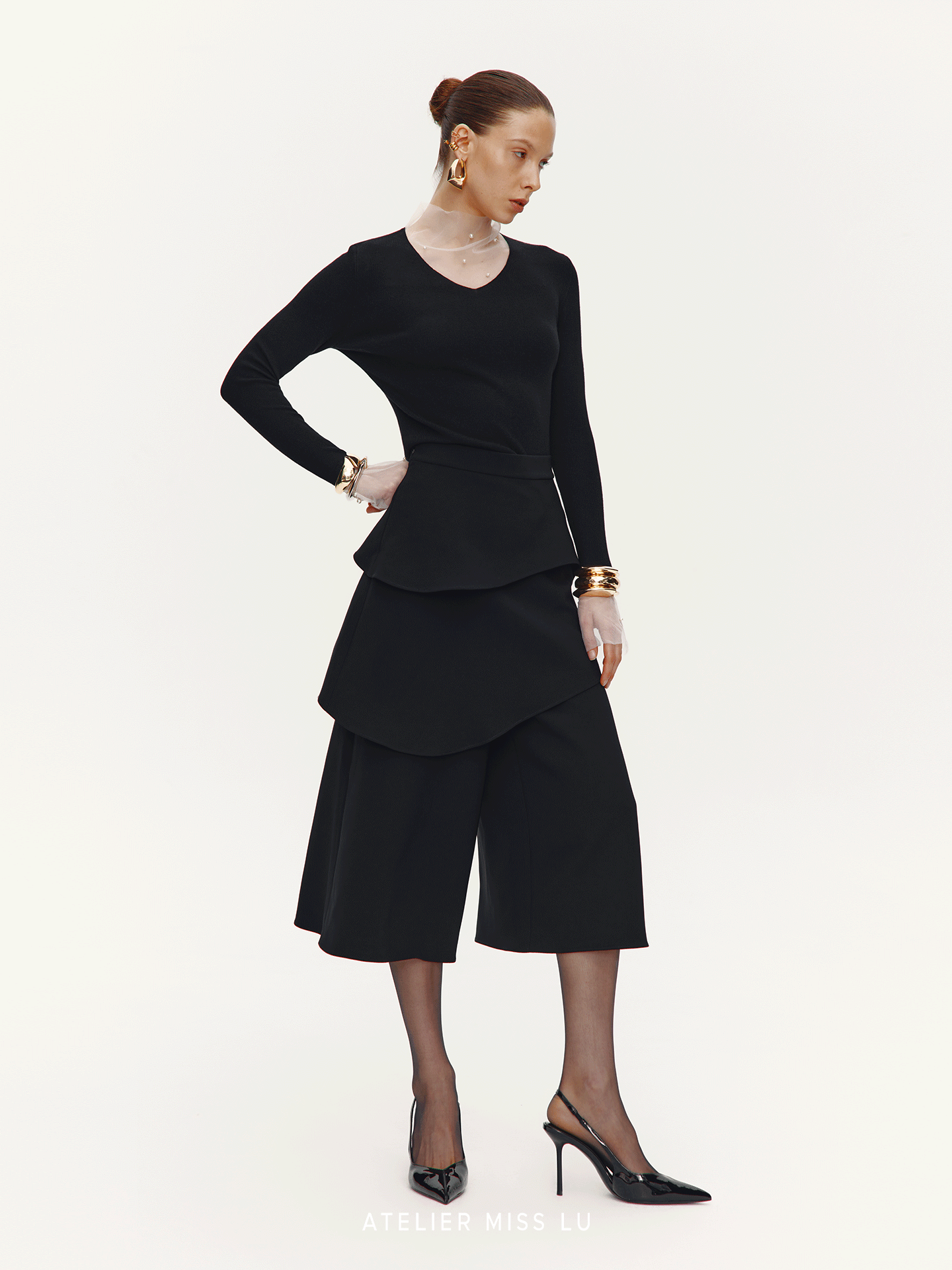 ATELIER MISS LU Pearl Embellished Gauze Patchwork Knit Top - MATT