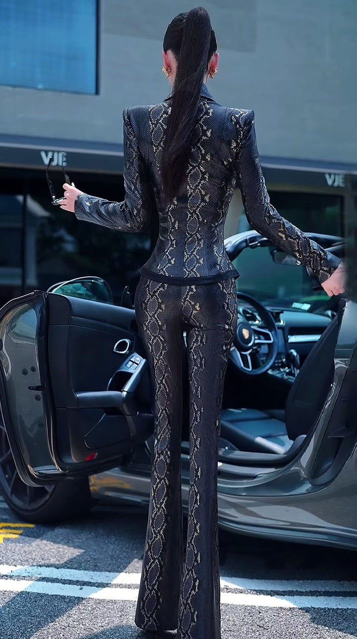 VJE Snake Print Jacket High-Waisted Micro Flared Pants Two-Piece Set-LILO.