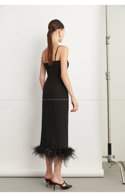 Elegant Classic Black Square Neck Feather Little Black dinner Dress - Carmelier
