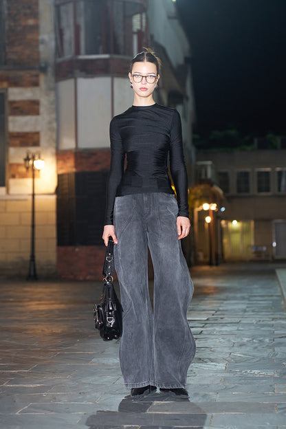 ANNAKIKI black pleated texture long-sleeved  top for women-VENUS