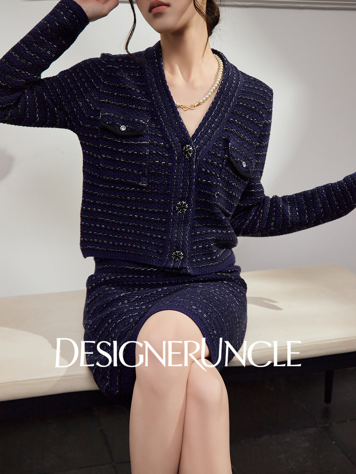 DGU "Ink Room" royal blue new knitted small fragrance temperament versatile two-piece set - Kyle.