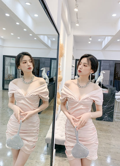 DOLLY Elegant V-Neck Short Sleeve Tube Top Slim Fit Pleated Short Date Dress-LITA