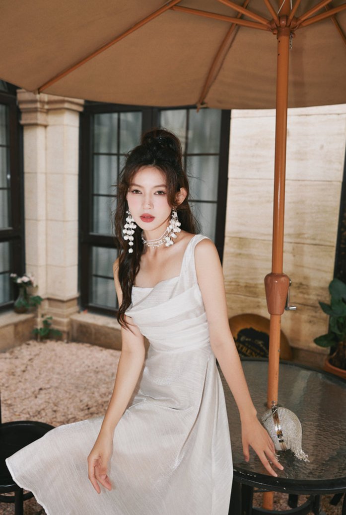 DOLLY Luxury White Retro Style Sleeveless Pleated Midi Suspender Dinner Dress-EUDORA