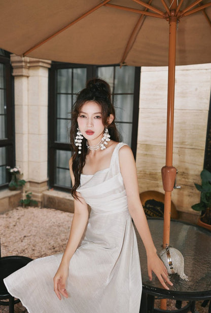 DOLLY Luxury White Retro Style Sleeveless Pleated Midi Suspender Dinner Dress-EUDORA