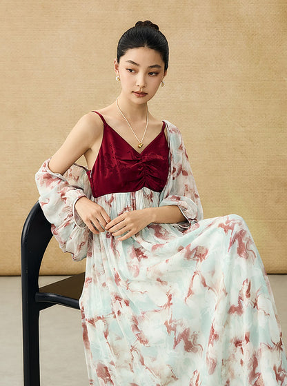 HECO Chinese V-neck camisole chiffon print long dress - BUSE.