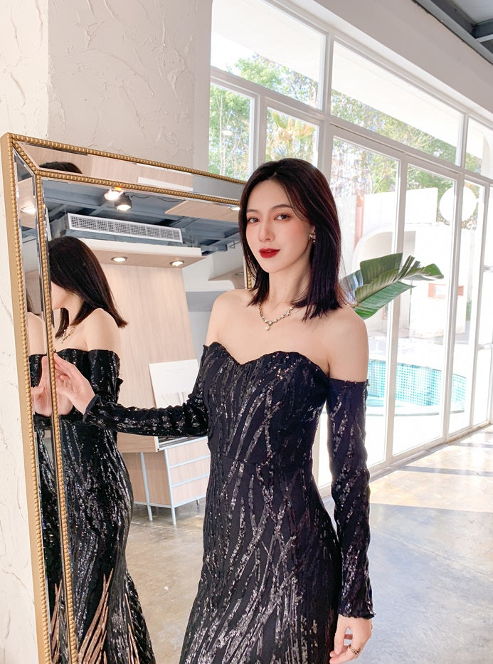 DOLLY High End Black Gold Chest Wrap Long Sleeve Off Shoulder Long Banquet Dress-KANTE