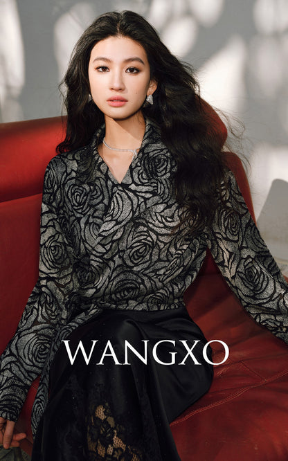 WANGXO | Rose Embossed Georgette with Cut Flowers Long Sleeve Cropped Shirt-SENA.