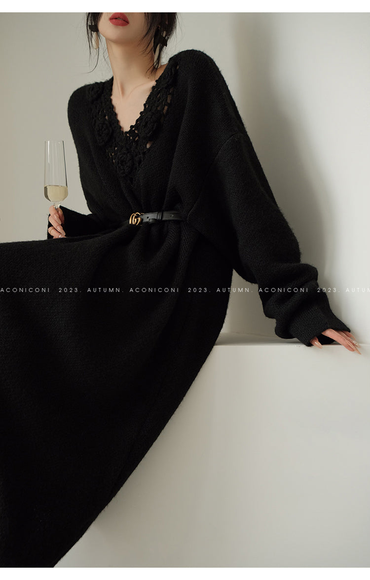 Aconiconi|Purple Flower Crochet openwork long cropped loose wool knit sweater  dress - Twilight