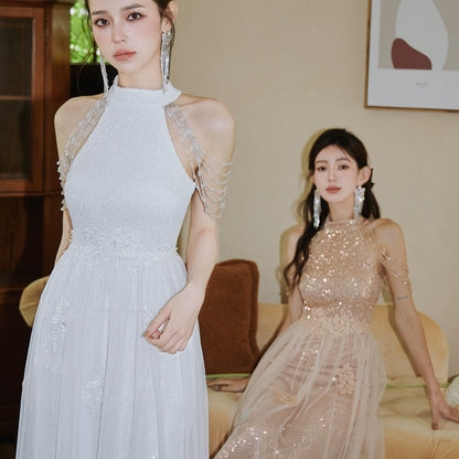 DOLLY Luxury Stand Collar Sleeveless Sequin Glitter Beads Long Nesh Cocktail Dress-SOPHIA