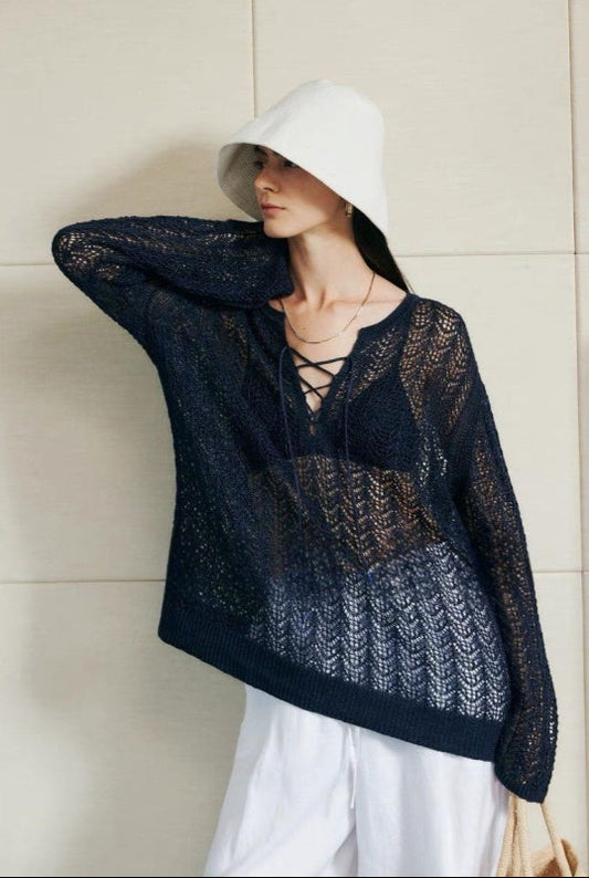 PIAOIN light luxury cut-out lace-up yarn knitted blouse women's loose Tencel jacket -WILLOW