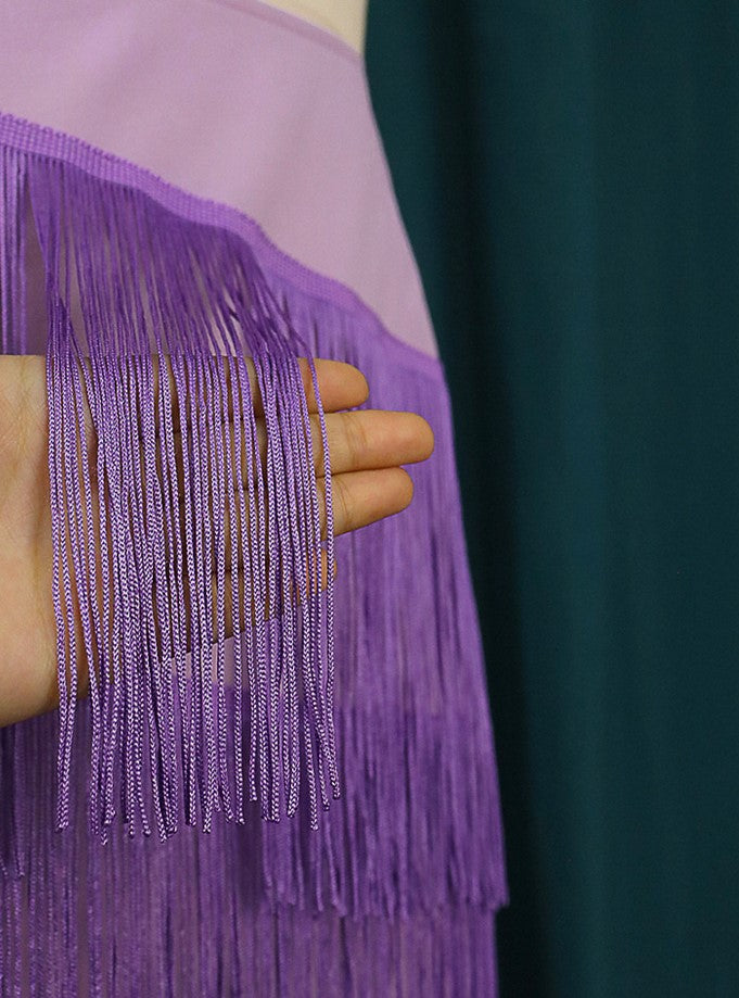DOLLY Elegant Purple Satin Ruffle Of Shoulder Top+ Gradient Tassel Skirt-ZAYN