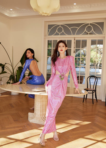 DOLLY Elegant Crew Neck Long Sleeve Slim Fit Sequin Long Evening Dress-IIANA