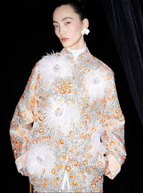 M essential Mackay designer vermilion embroidered fabric iris ostrich feather beaded jacket  FEA.