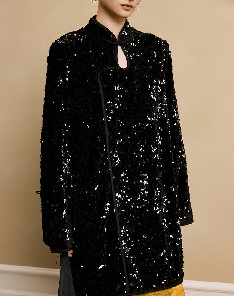 HECO floral sequins embroidery long sleeve short DRESS  - CUTE.