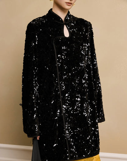 HECO floral sequins embroidery long sleeve short DRESS  - CUTE.