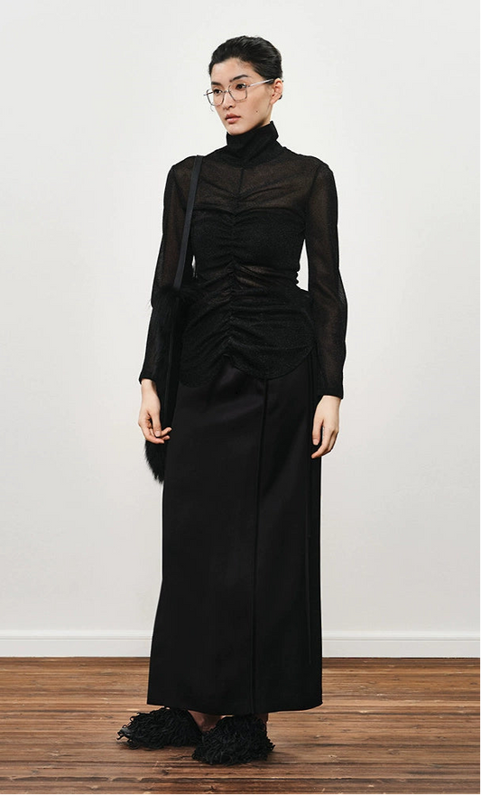 ZHUCHONGYUN simple fashionable black satin straight long skirt-MEGUMIN.