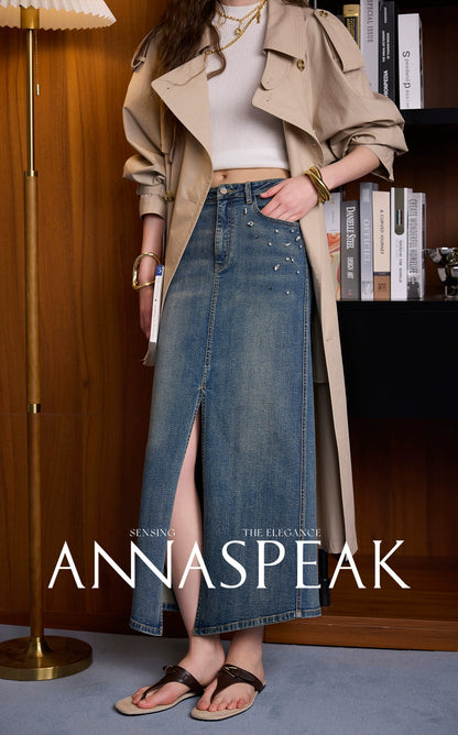 ANNASPEAK Denim long staple cotton slit skirt denim skirt-ISLE.