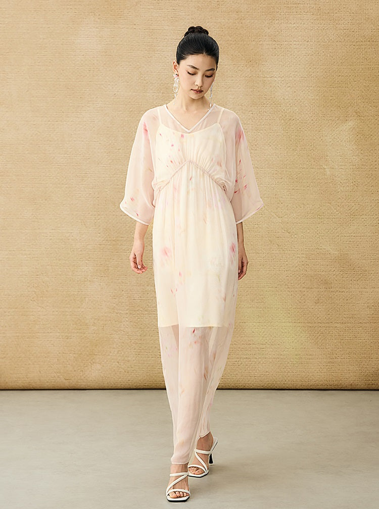 HECO Chinese Resort Style Flowing V-neck Dress - STONE.