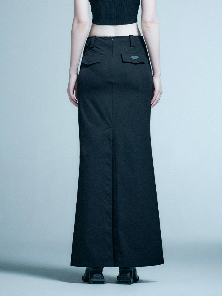 ANNAKIKI designer black asymmetrical pleated mid-rise mermaid skirt-LAUFEY