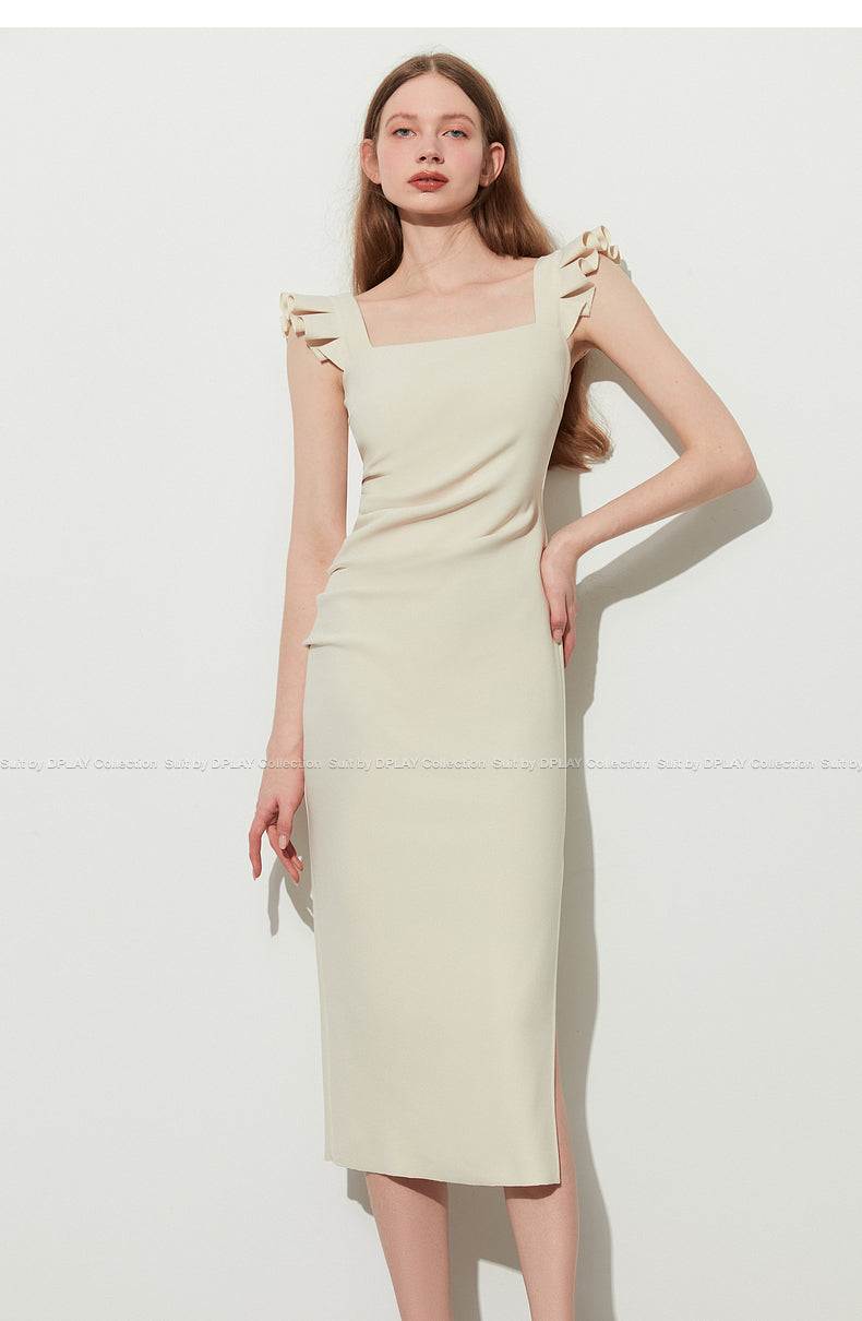 Elegant Pinch Pleated Side Slit Slim Stretch Fly Sleeve Dress - Minie