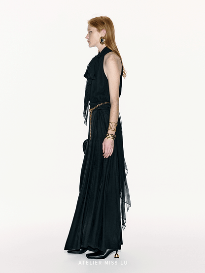 ATELIER MISS LU Long Streamer Design Mulberry Silk Shaved Shoulder Top - MALIKA