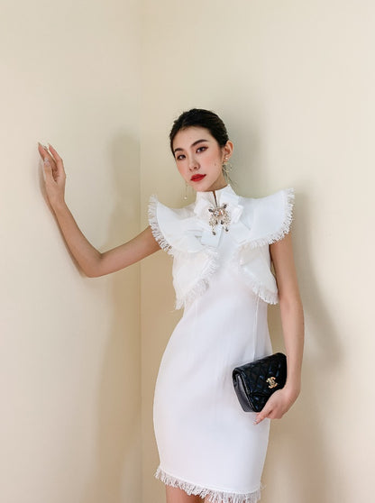 DOLLY Elegant White/Black Stand Collar Short Sleeve Slim Fit Short Fringe Dress-FRIYA