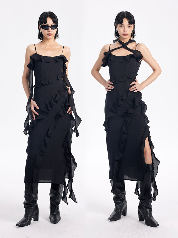 TINY IN ruffled side slit midi slip dress -KAKA