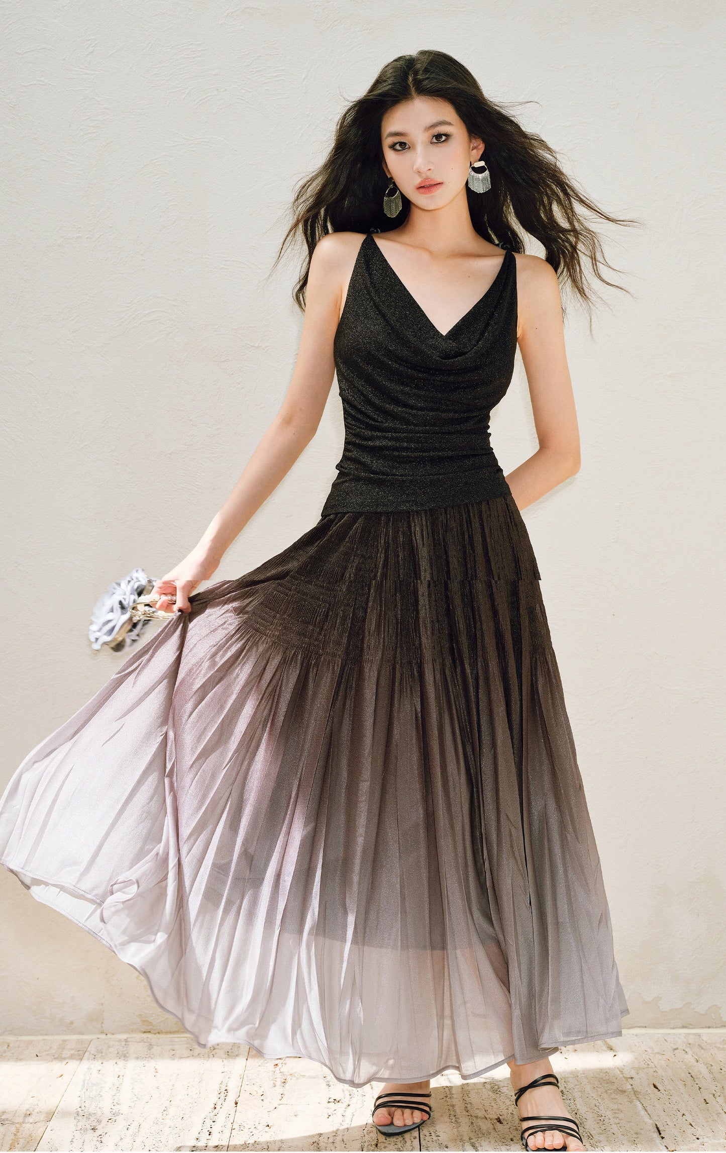 WANGXO |High-Waisted Umbrella Hem Romantic Skirt with Luxe Shimmer-LINA