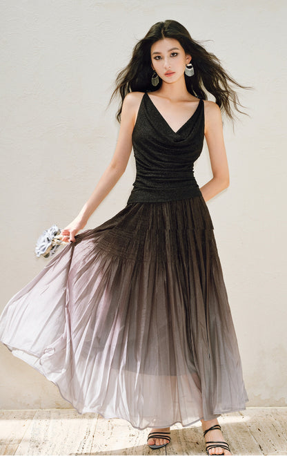 WANGXO |High-Waisted Umbrella Hem Romantic Skirt with Luxe Shimmer-LINA