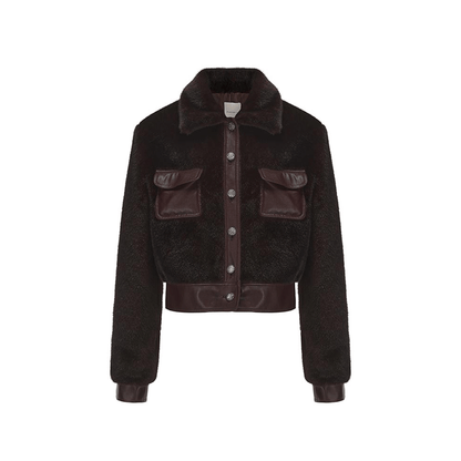 ATELIER MISS LU Vintage Pocket Stitched Faux Fur Short Jacket - HONEY.