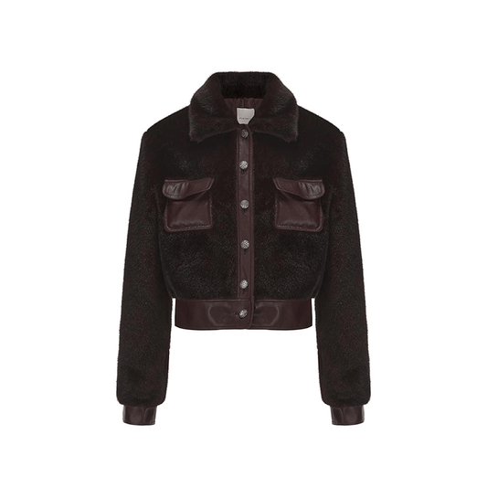 ATELIER MISS LU Vintage Pocket Stitched Faux Fur Short Jacket - HONEY.