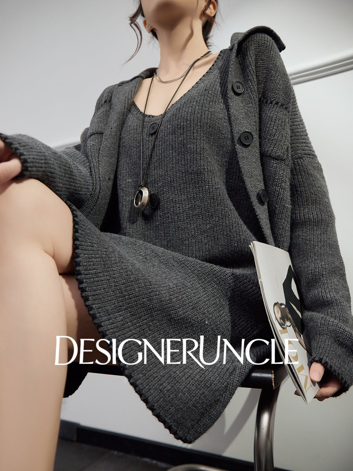 DGU "Guiyan" gray knitted suit V-neck cardigan knitted skirt two-piece set - Skylar.