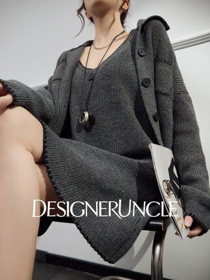 DGU "Guiyan" gray knitted suit V-neck cardigan knitted skirt two-piece set - Skylar.
