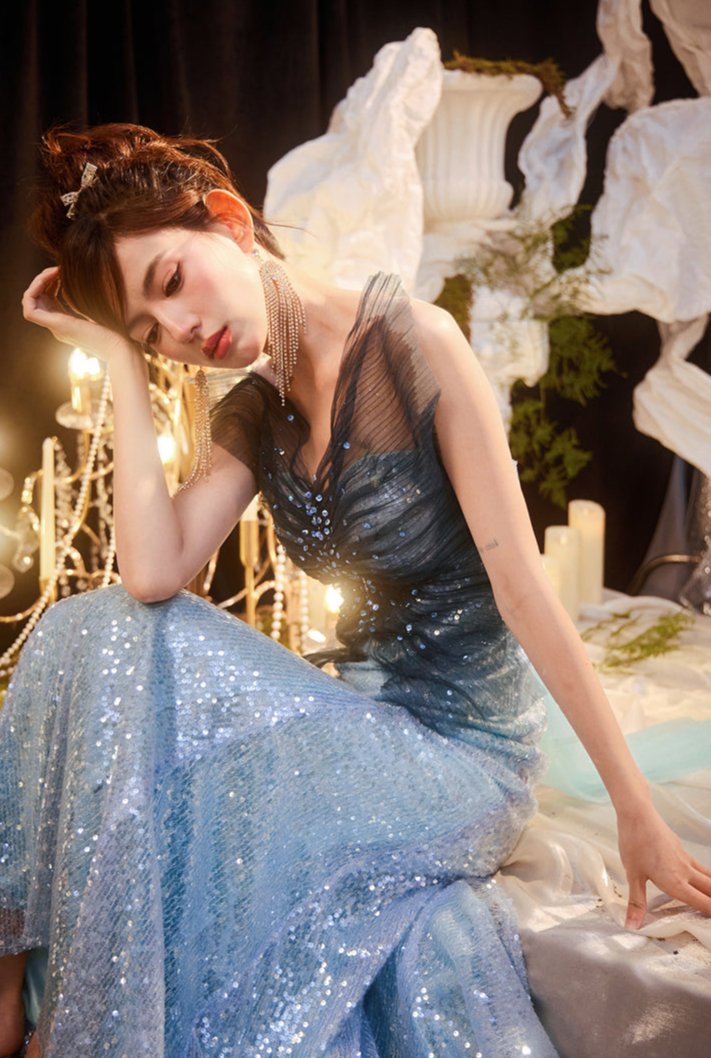 DOLLY Elegant Gradient Blue Sleeveless Off Shoulder Sequin Dress-SANDY