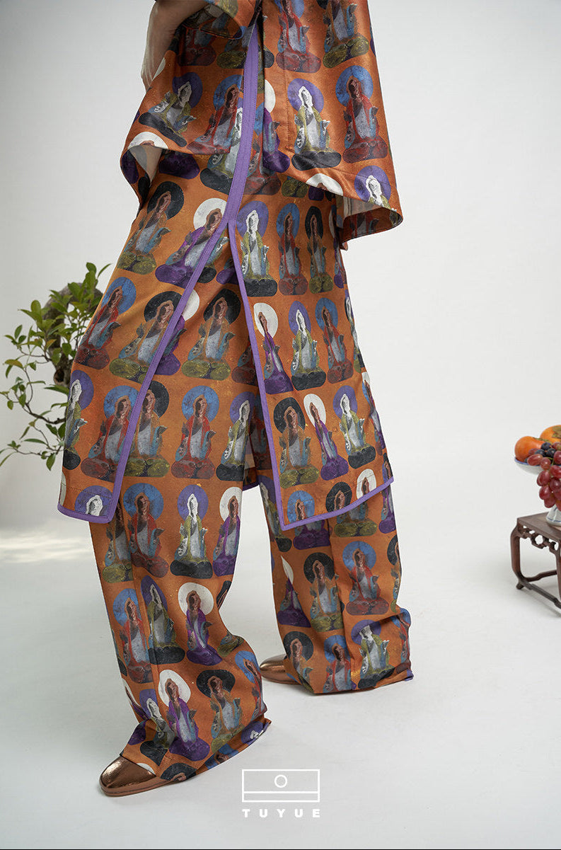 TUYUE Dunhuang mural satin print suit wide-leg pants- NICKY.