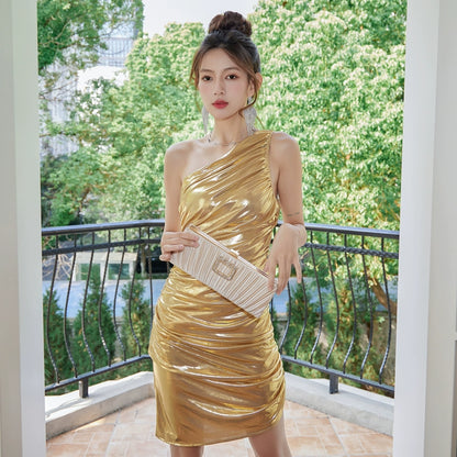 DOLLY Gold Slant Collar Off Shoulder Pleated Body Hug Midi Dinner Dress-AURELIA